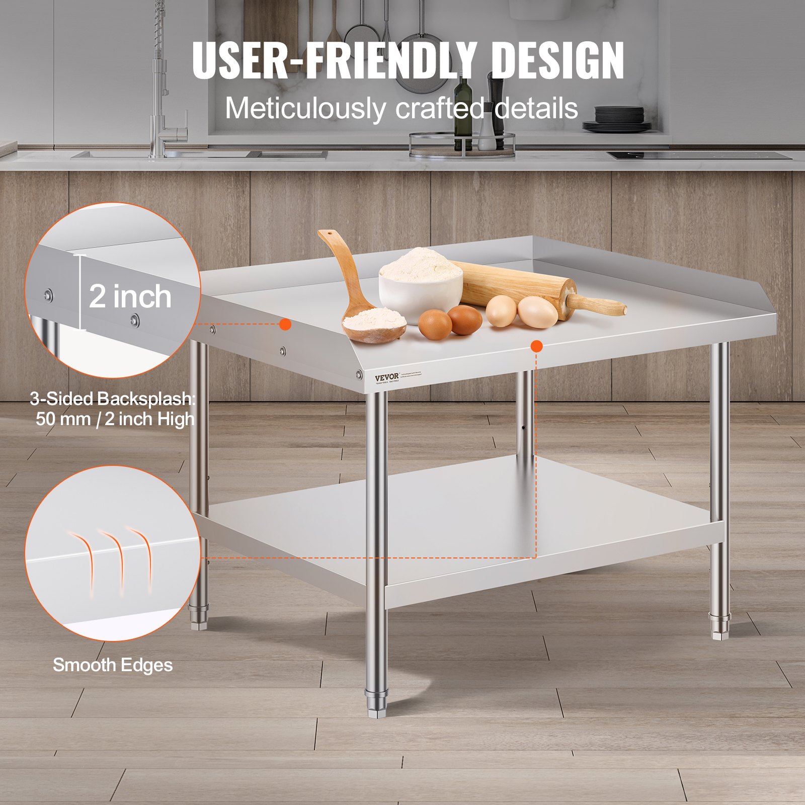 Arbeitstisch aus Edelstahl – Gewerblicher Lebensmittelzubereitungstisch mit verstellbarer Höhe für Restaurants, Haushalte und Hotels, 762 x 914 x 660 mm_voghion.com