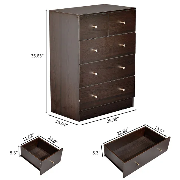 Brown Particleboard With Melamine Laminate Finish, 66*40*91cm, 3+2 Drawers, Chest Of Drawers With Matte Gold Handles 5