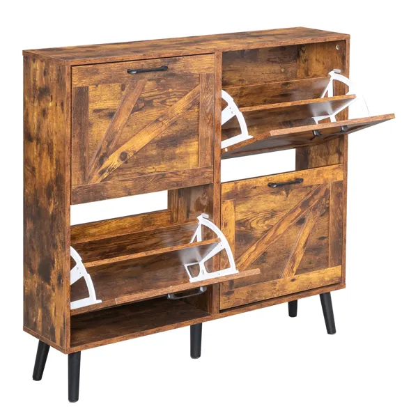 Barn Door With 4 Flip-down Drawers, Black Metal Single-sided Handle + Melamine Particleboard + Black Solid Wood Plastic-sealed Tapered Legs. Shoe Cabinet, 106*24*98cm, Rotten Wood Color 5