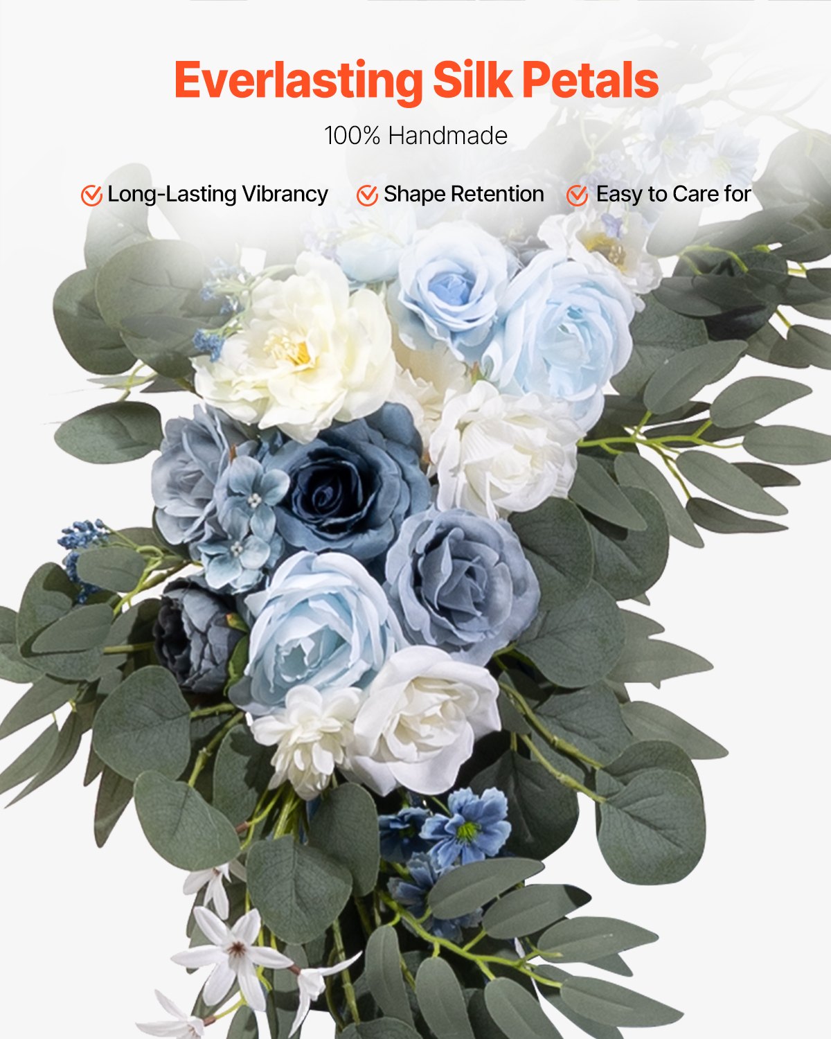 Kunstblumen-Set für Hochzeitsbögen – Blaue Blumenarrangements mit Vorhängen (4-teiliges Set) – 2 Blumenarrangements, 2 transparente Vorhänge_voghion.com