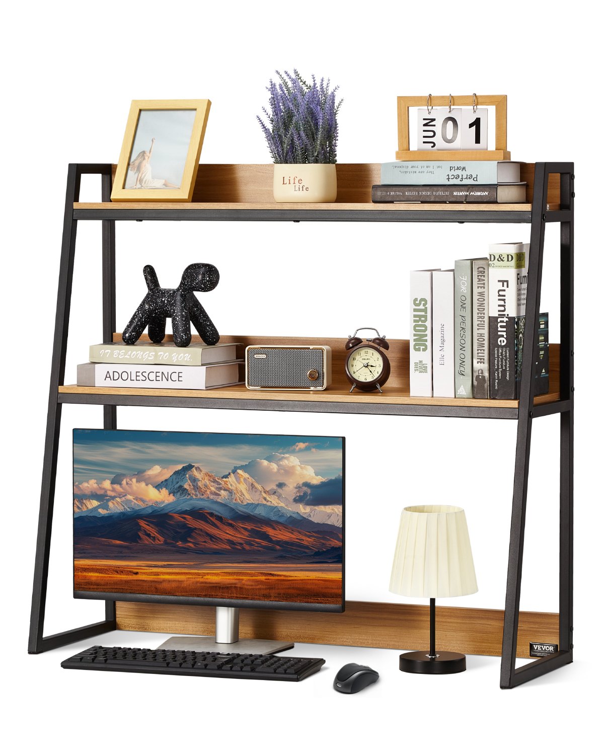 Schreibtisch Bücherregal 2-stufiger Organizer (95 X 32 X 90 Cm) Tischregale Organizer Ausstellungsregal Aus Spanplatten + Melaminpapier + Q195A, Regal Mit Rutschfesten Füßen, Büro Schwarz