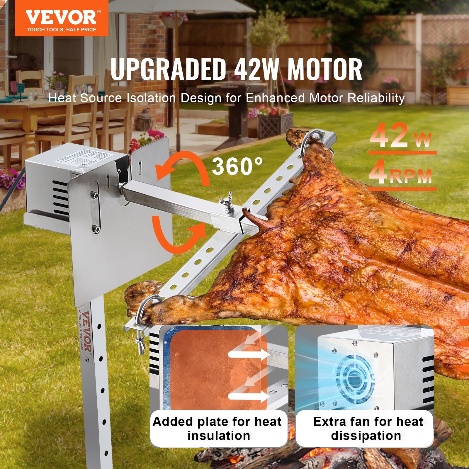Lammgrill, Spanferkelgrill, Spießbratengrill, 41 Kg BBQ-Spießgrill Für Schwein, Lamm, Ziege, Elektrischer 42-W-Motor, Kommerzielle Edelstahl-Drehspießröster Mit Hitzeschild, 1108 Mm Spießlänge_voghion.com