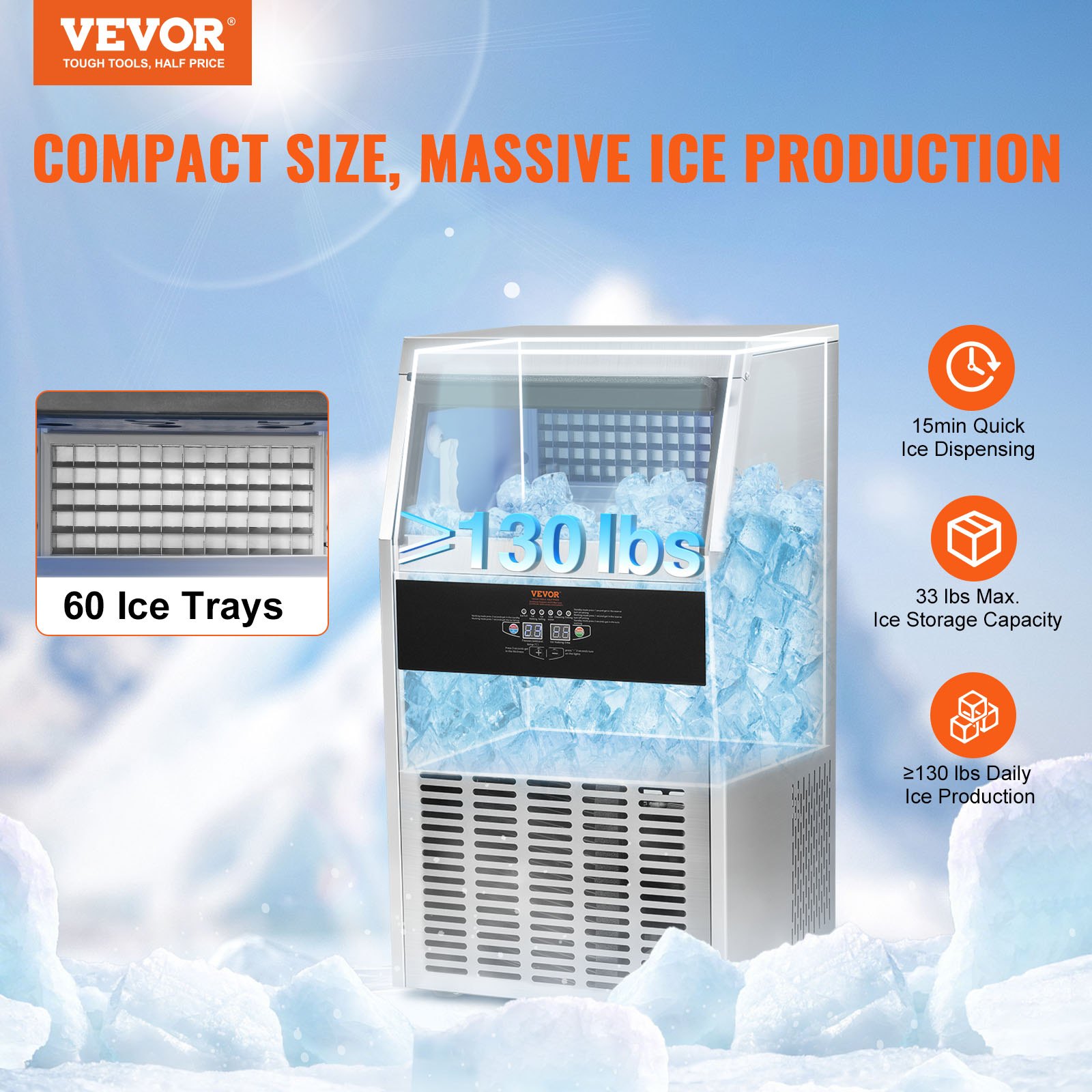 Kommerzieller Eiswürfelbereiter Eismaschine 56 Kg / 24 H, Leichte Würfeleismaschine 15 Kg Eisspeicherkapazität 60 Stk. Eiswürfel, Edelstahl Eiswürfelbereiter Inkl. Wasserfilter & Eisschaufel