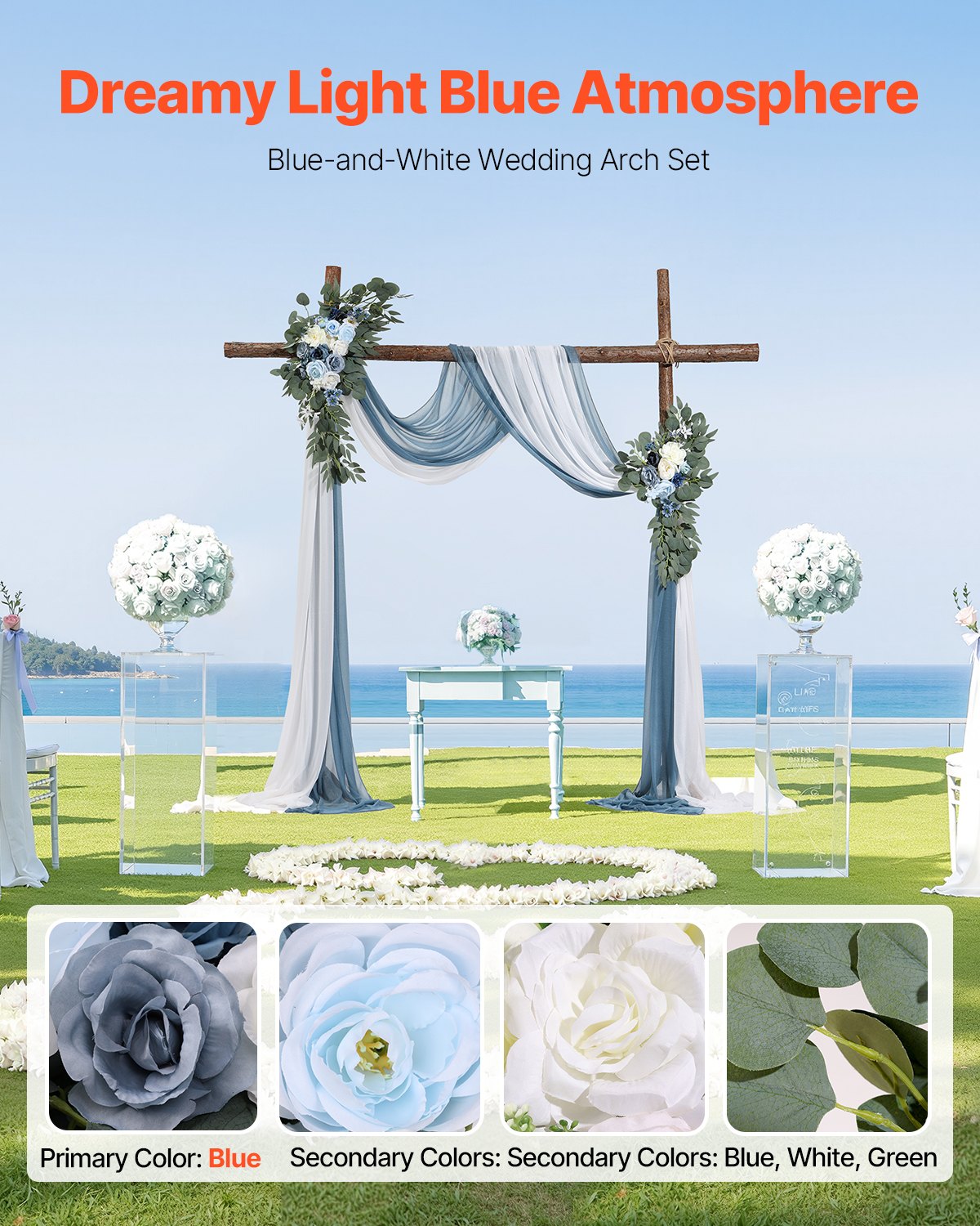 Kunstblumen-Set für Hochzeitsbögen – Blaue Blumenarrangements mit Vorhängen (4-teiliges Set) – 2 Blumenarrangements, 2 transparente Vorhänge_voghion.com