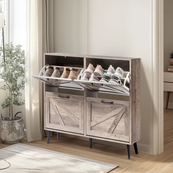 Barn Door With 4 Flip-down Drawers, Black Metal Single-sided Handle + Melamine Particleboard + Black Solid Wood Plastic-sealed Tapered Legs; Shoe Cabinet, 106*24*98cm, Washed Grey Finish