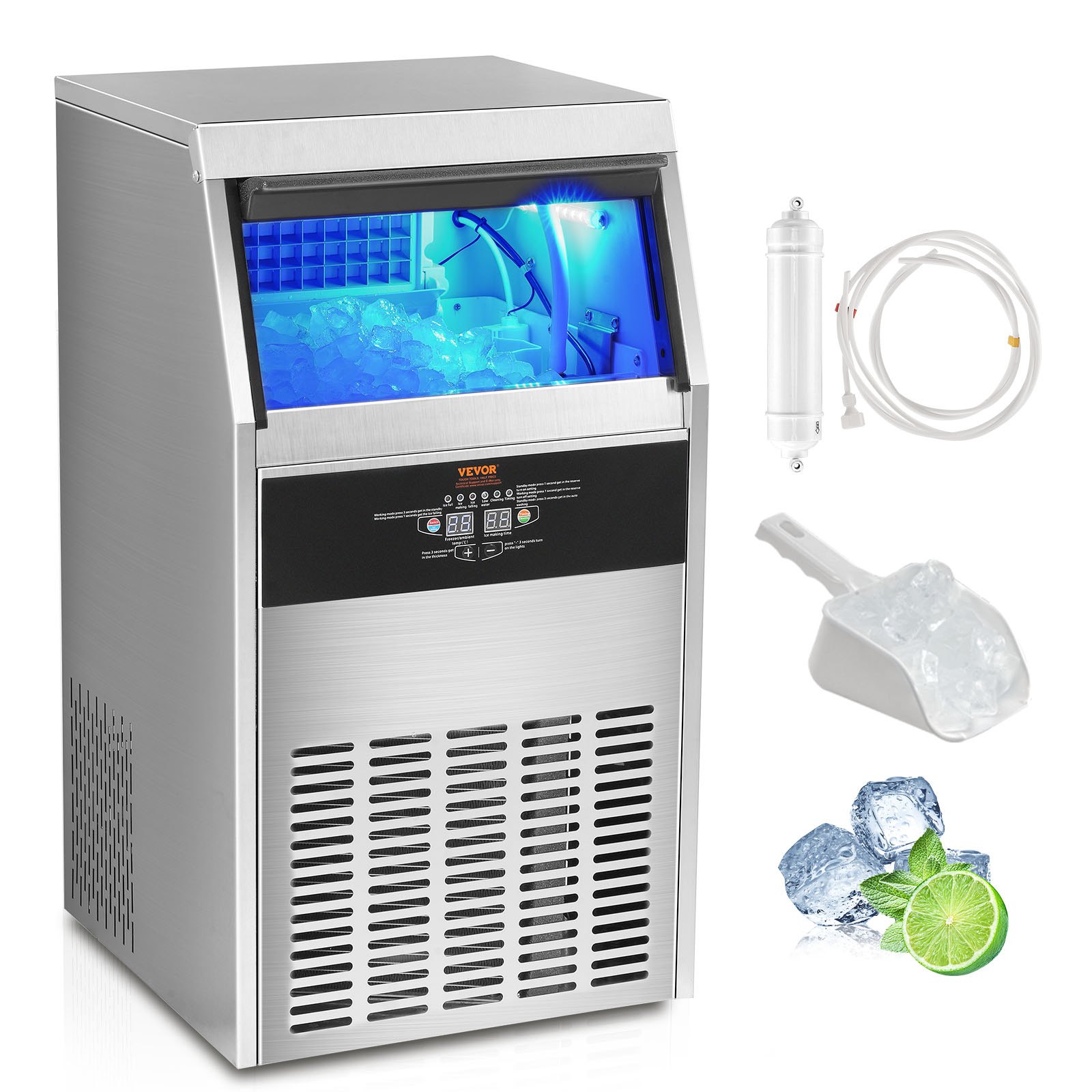 Kommerzieller Eiswürfelbereiter Eismaschine 56 Kg / 24 H, Leichte Würfeleismaschine 15 Kg Eisspeicherkapazität 60 Stk. Eiswürfel, Edelstahl Eiswürfelbereiter Inkl. Wasserfilter & Eisschaufel - Image 1