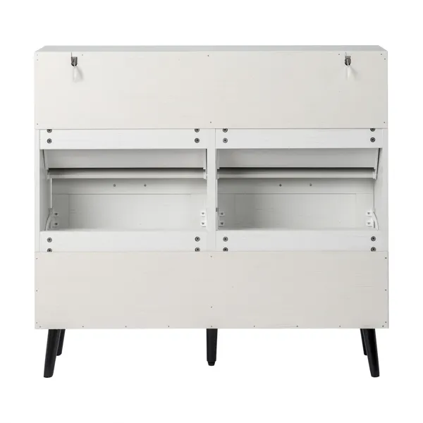 Barn Door With 4 Flip-down Drawers, Black Metal Single-sided Handle + Melamine Particleboard + Black Solid Wood Tapered Legs. Shoe Cabinet, 106*24*98cm, Distressed White 4