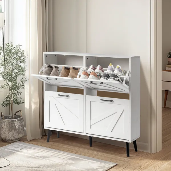 Barn Door With 4 Flip-down Drawers, Black Metal Single-sided Handle + Melamine Particleboard + Black Solid Wood Tapered Legs. Shoe Cabinet, 106*24*98cm, Distressed White