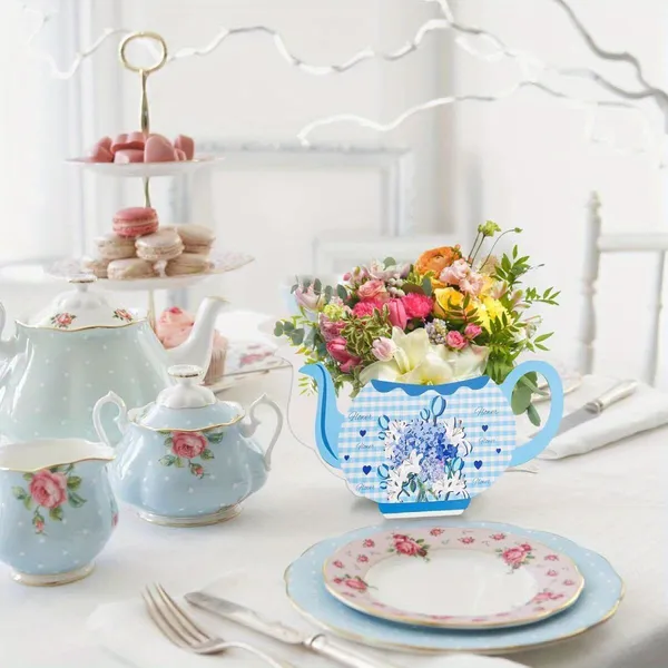 24Pcs Tea Party Table Centerpieces 4 Styles Teapot Shape Flower Box Double-Sided Pattern Paper Teapot Gift Box Spring Theme Princess Party Favor Table Floral Decoration 4