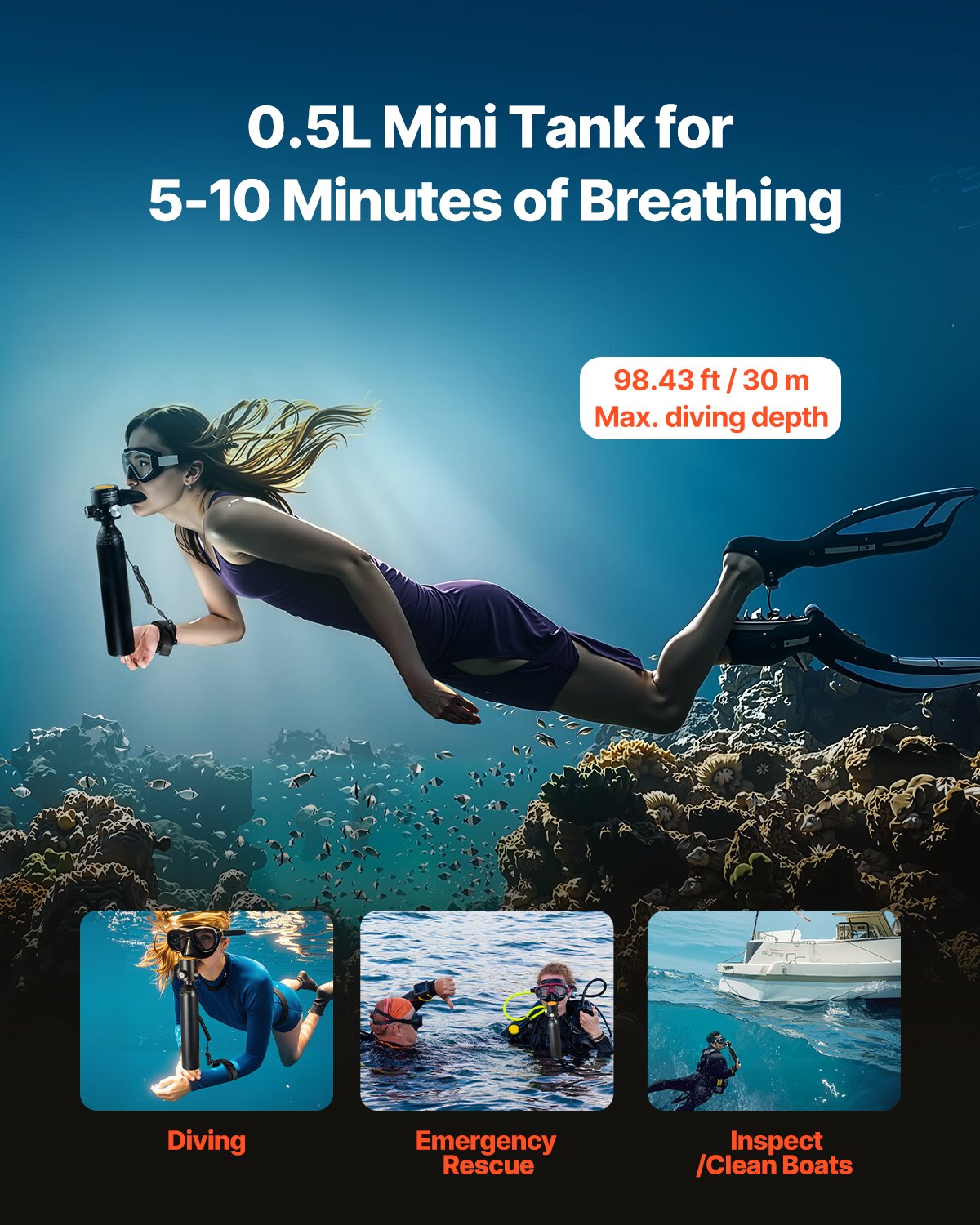 Tauchflasche Tragbare Tauchflasche 0,5 L, Sauerstoffflasche Zum Tauchen Unterstützt 5–10 Minuten Unterwasseratmung, 30 M Tauchtiefe, Lungenflaschen-Set Für Unterwassererkundung/-rettung