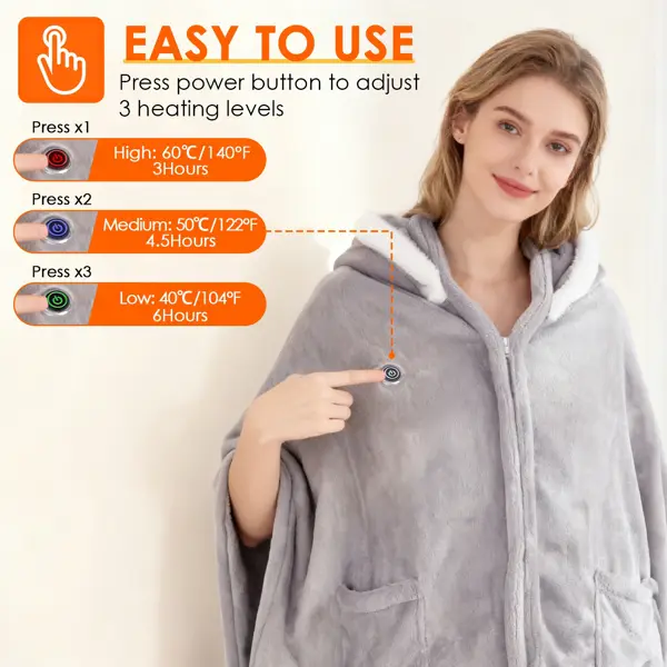 8-Zone Wearable Heated Blanket - 3 Adjustable Heat Levels, 59x31in Soft Flannel, USB-Powered Portable Design With Pockets, Machine Washable Winter Warmth