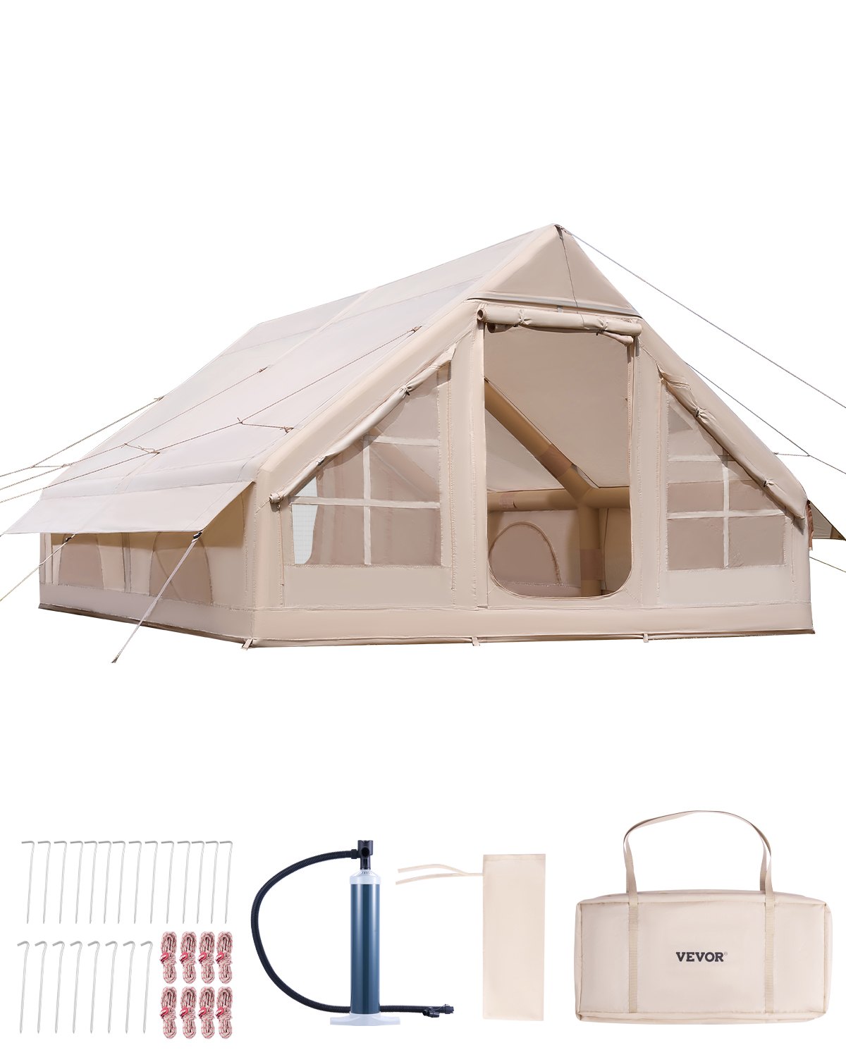 Aufblasbare Zelte Für Camping 4x3x2 M, 5–8 Personen, 300D Oxford Glamping-Zelt Mit Ofenanschluss, Handpumpe 2 Türen & 4 Netzfenstern, Inkl. Aufbewahrungstasche Für Einfachen Transport