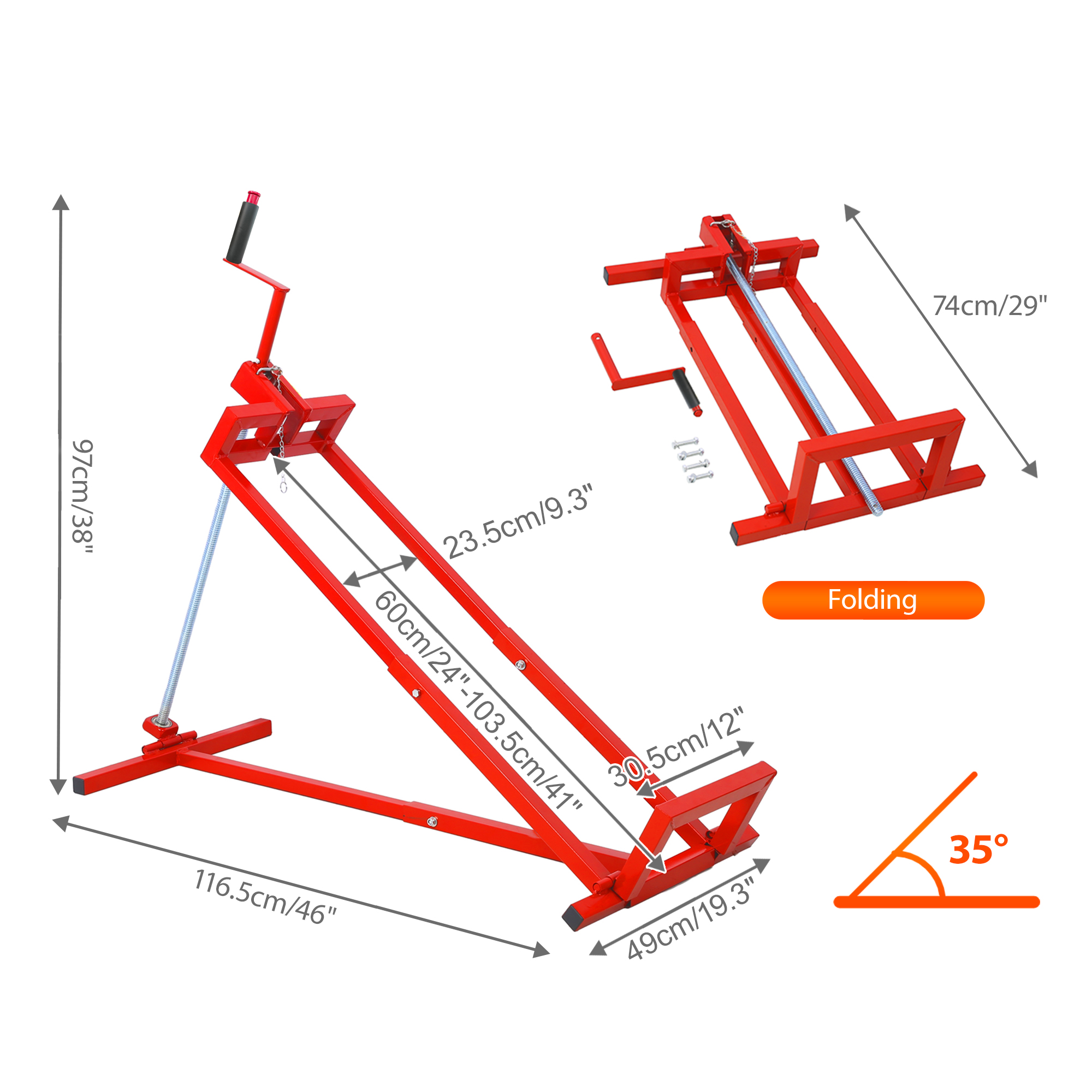 Heavy Duty Steel Riding Mower Lift, 880 Lbs Lawn Mower Lift Jack, Foldable Lawn Tractor Lift, Telescopic Maintenance Jack With Manual & Power Tool Handle For Lawn Mowers And Garden Tractors, Red