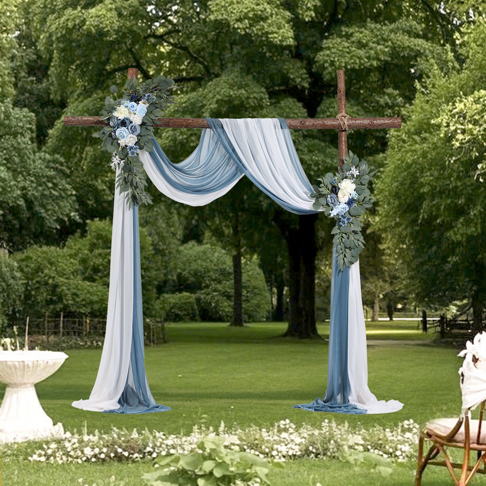 Kunstblumen-Set für Hochzeitsbögen – Blaue Blumenarrangements mit Vorhängen (4-teiliges Set) – 2 Blumenarrangements, 2 transparente Vorhänge_voghion.com