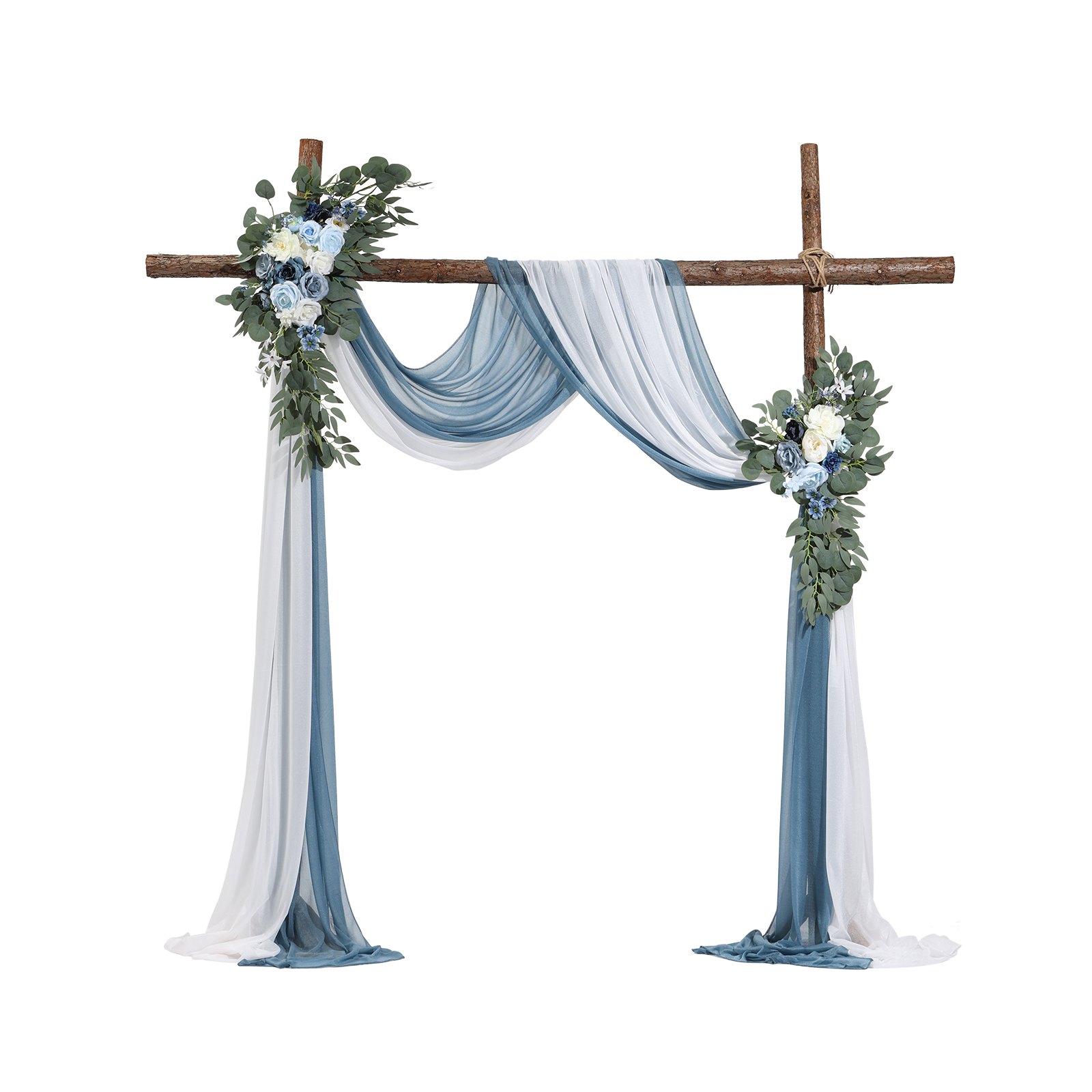 Kunstblumen-Set für Hochzeitsbögen – Blaue Blumenarrangements mit Vorhängen (4-teiliges Set) – 2 Blumenarrangements, 2 transparente Vorhänge_voghion.com
