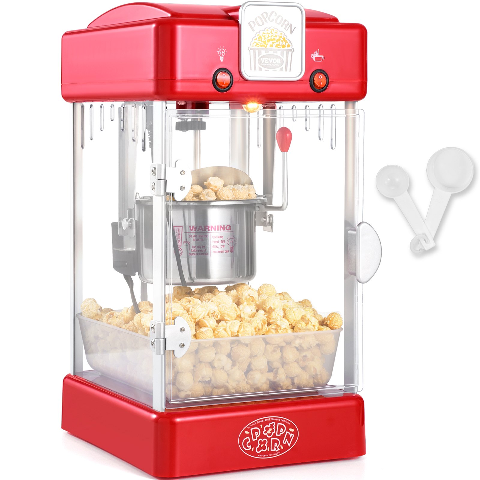 Popcornmaschine – 300 W, 70-ml-Wasserkessel für 4 Liter Popcorn pro Portion, Tischgerät mit PP-Tür, inklusive 2 Spateln und Tablett, Kino-Design, Rot_voghion.com