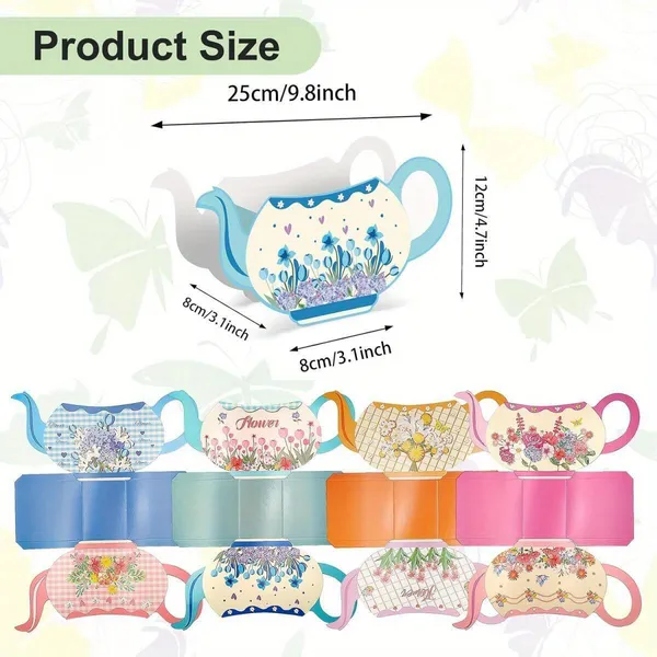 24Pcs Tea Party Table Centerpieces 4 Styles Teapot Shape Flower Box Double-Sided Pattern Paper Teapot Gift Box Spring Theme Princess Party Favor Table Floral Decoration 3