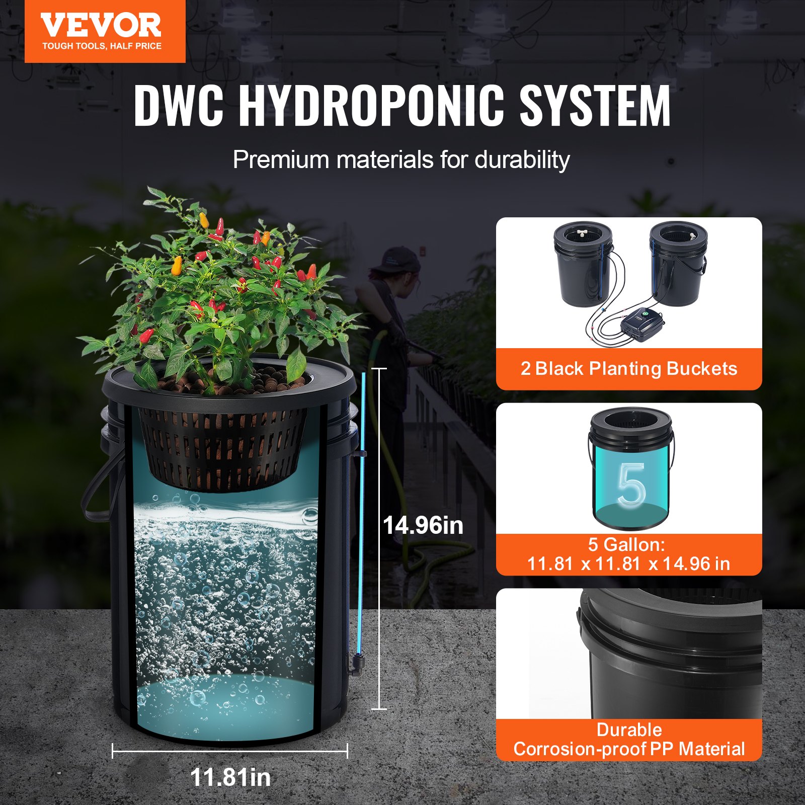 VEVOR DWC Hydroponik-Anbausystem, 20 l, Top-Drip-Set, Tiefwasserkultur, mit Luftpumpe, Ausströmersteinen und Wasserstandsanzeige für Blattgemüse_voghion.com