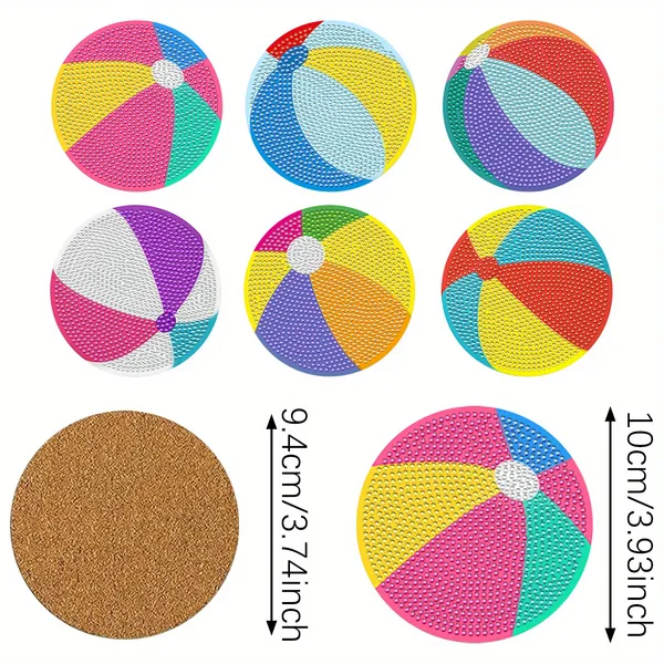 6 Pack Beach Balls Rhinestones Art Painting Coaster Kit Summer Holiday DIY Rhinestones Painting Coasters With Holder Cute Non Slip Coaster Art Supplies For Adults Cup Mat For House Warming Gifts 4
