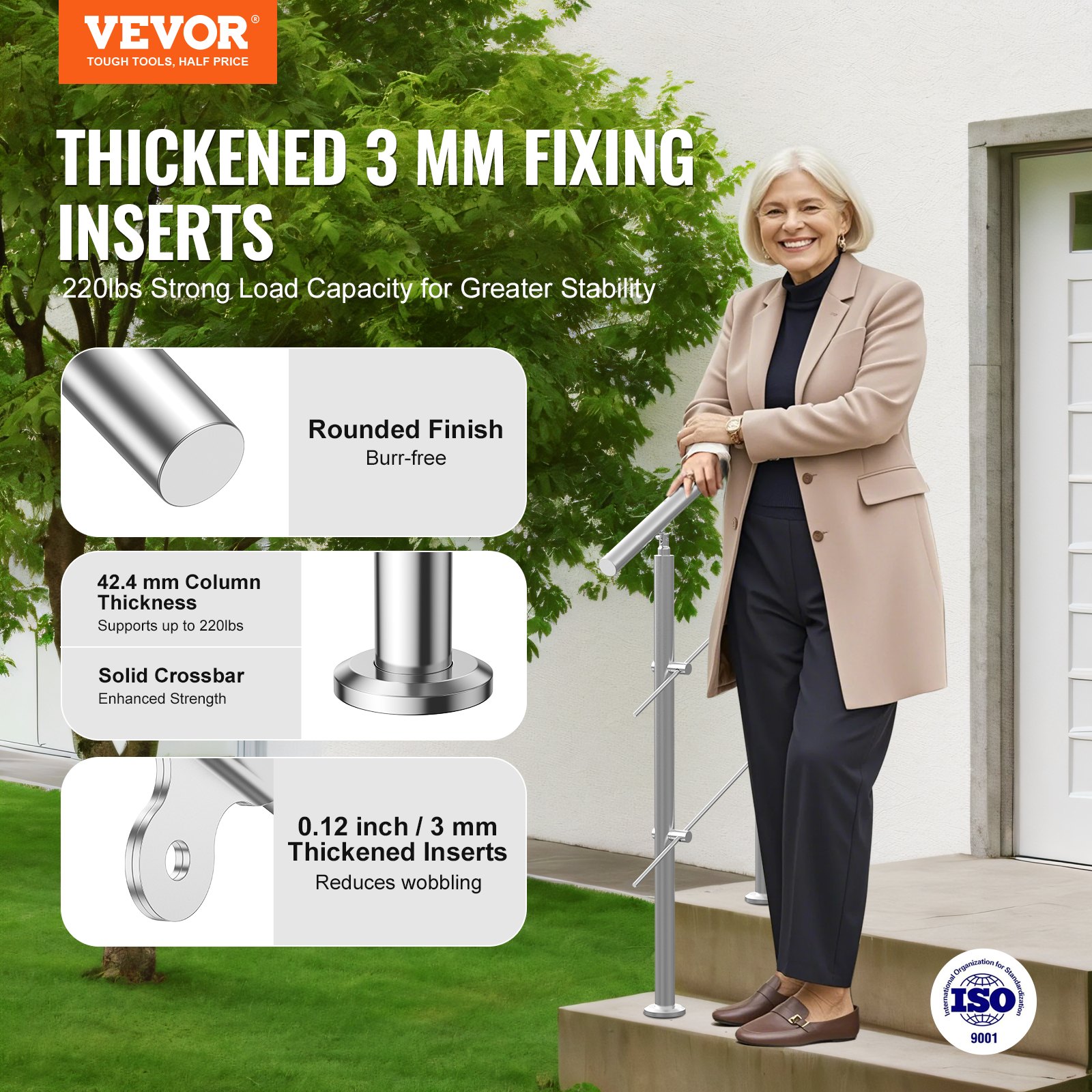 Handläufe Für Außentreppen, 80 Cm Länge, 2 Querstangen, Treppenhandlauf-Set, Übergangsgeländer Aus Edelstahl Mit Montagesatz, Doppelsäulige Treppenhandläufe Für Senioren, Veranda Und Terrasse