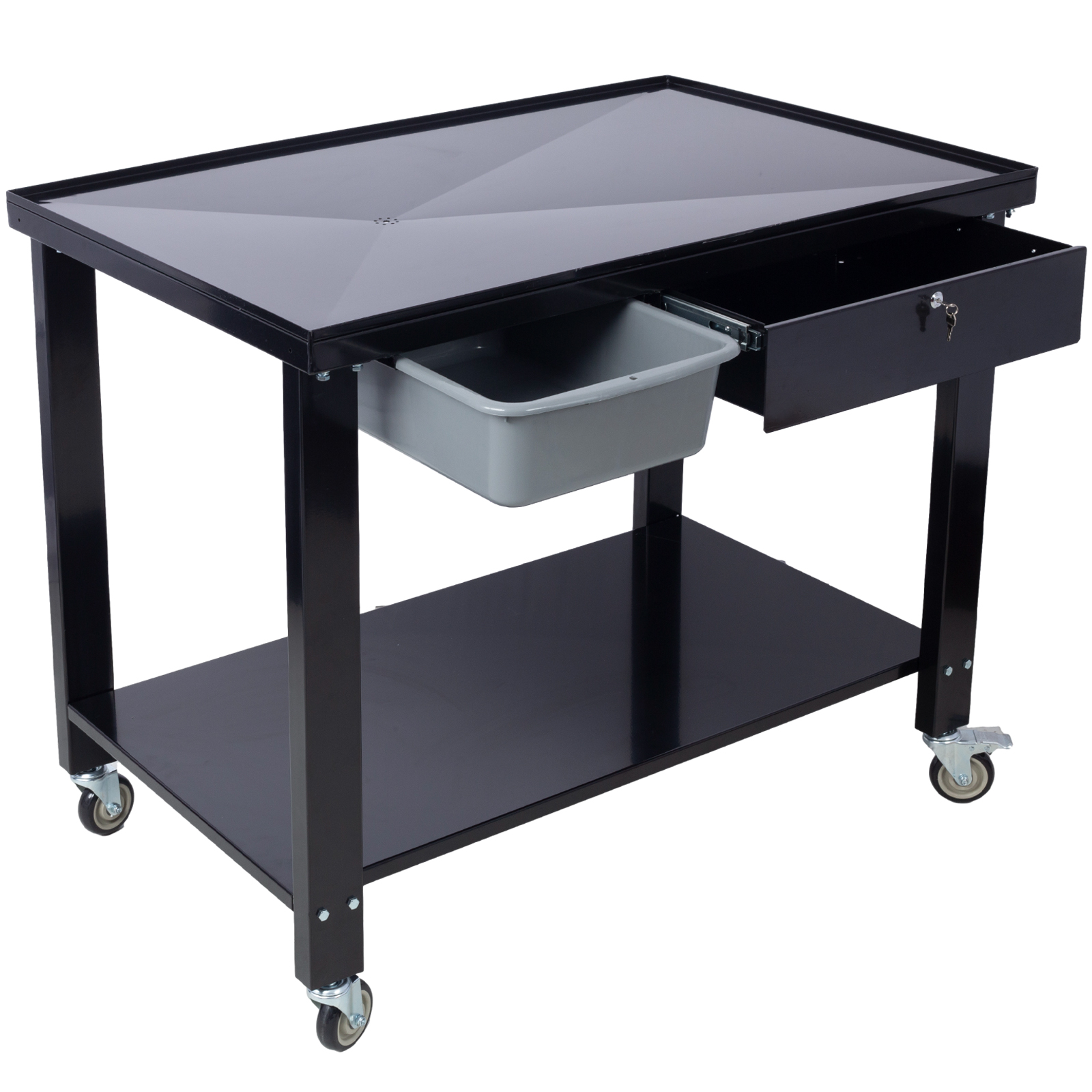 Transmission Teardown Work Station 1  2 Ton Capacity Sloping Drain Table Locking Drawer Removable Drain Basin Full-Width Lower Shelf Four 4-Inch Caster Wheels  Black