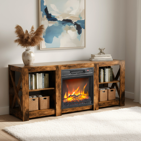 58 Inch Rot Wood Color Double-Sided Cross Fireplace Cabinet With 18 Inch Fireplace Core, 149 * 40 * 60cm… image 4