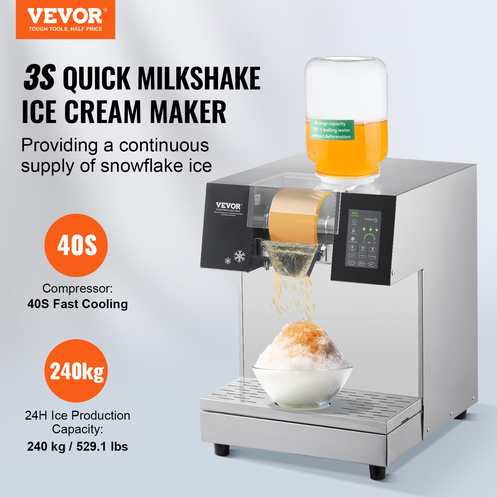 Kommerzielle Schneeflocken-Eismaschine Schneeeisbereiter, 240 Kg/24h Schneeflocken-Eismaschine, Edelstahl-Eisrasierer, Elektrischer Schneekegel-Maker, FlĂźssigkeitskĂźhlsystem Mit Touch-LCD