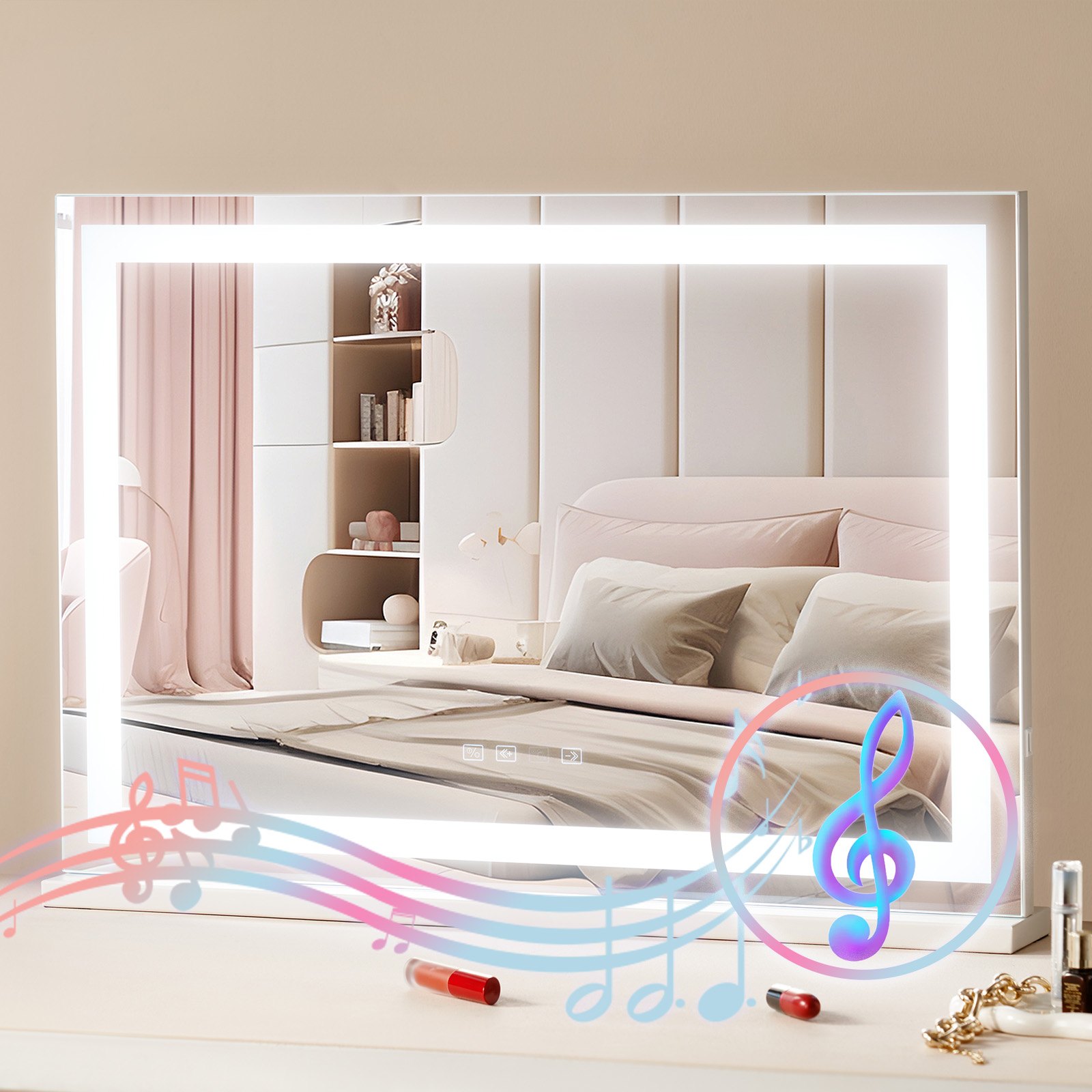 Hollywood Schminkspiegel Mit Beleuchtung, Kosmetikspiegel Mit 3 Farbbeleuchtungsmodi, LED-Schminkspiegel Mit Lichtern, 5-fache Vergrößerung, Bluetooth, USB, Smart-Touch-Steuerung, 797x547mm