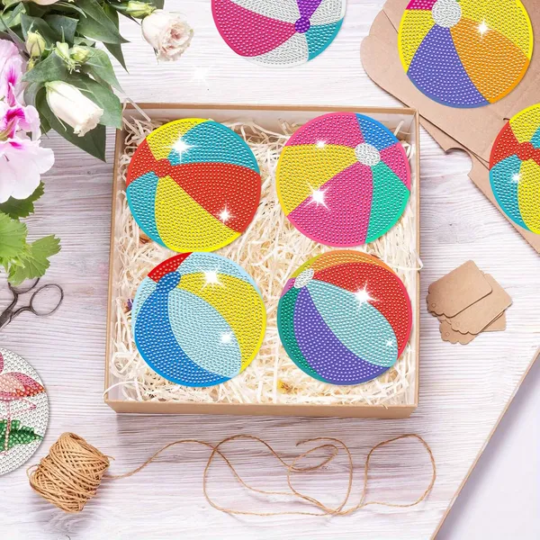 6 Pack Beach Balls Rhinestones Art Painting Coaster Kit Summer Holiday DIY Rhinestones Painting Coasters With Holder Cute Non Slip Coaster Art Supplies For Adults Cup Mat For House Warming Gifts 3