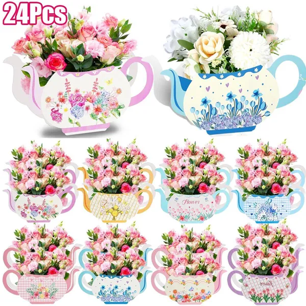 24Pcs Tea Party Table Centerpieces 4 Styles Teapot Shape Flower Box Double-Sided Pattern Paper Teapot Gift Box Spring Theme Princess Party Favor Table Floral Decoration