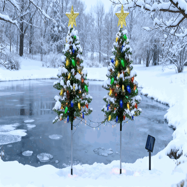 2Pack Solar Christmas Tree Lights 37.4in - 100 LED 4 Colors 8 Modes, IP44 Waterproof Outdoor Pathway Decor With Ornaments