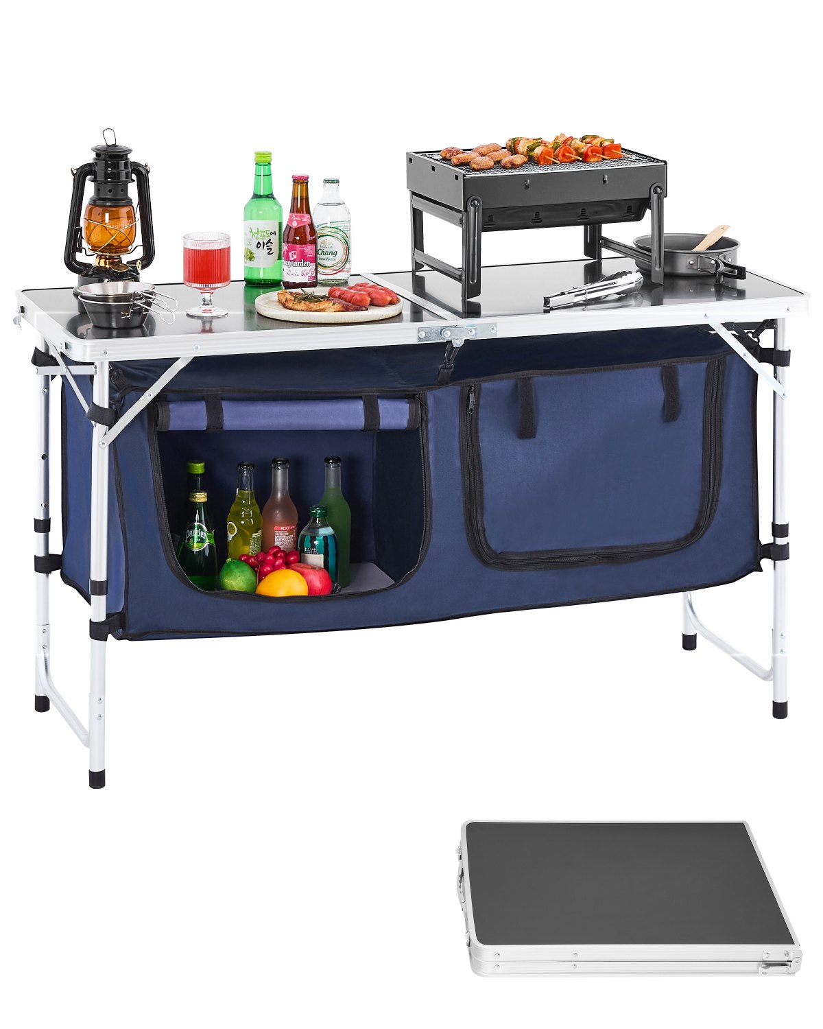 Camping Küchentisch Klappbarer Kochtisch Outdoor, 3-fach Höhenverstellbar, Tragbare Kochstation Aus Aluminium Mit Organizer & Tragegriff, Für Grillpartys Picknicks Wohnmobilreisen Blau