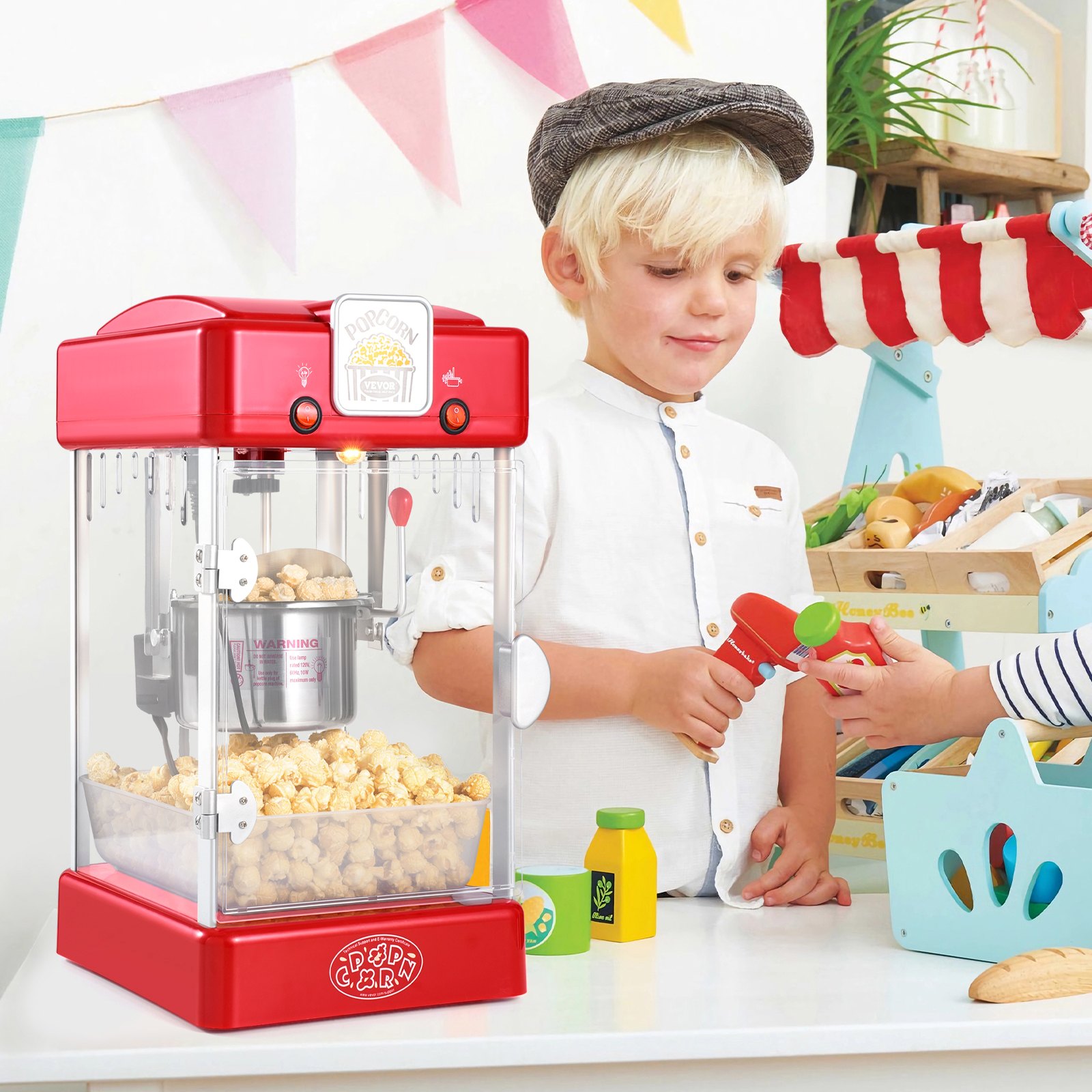Popcornmaschine – 300 W, 70-ml-Wasserkessel für 4 Liter Popcorn pro Portion, Tischgerät mit PP-Tür, inklusive 2 Spateln und Tablett, Kino-Design, Rot_voghion.com