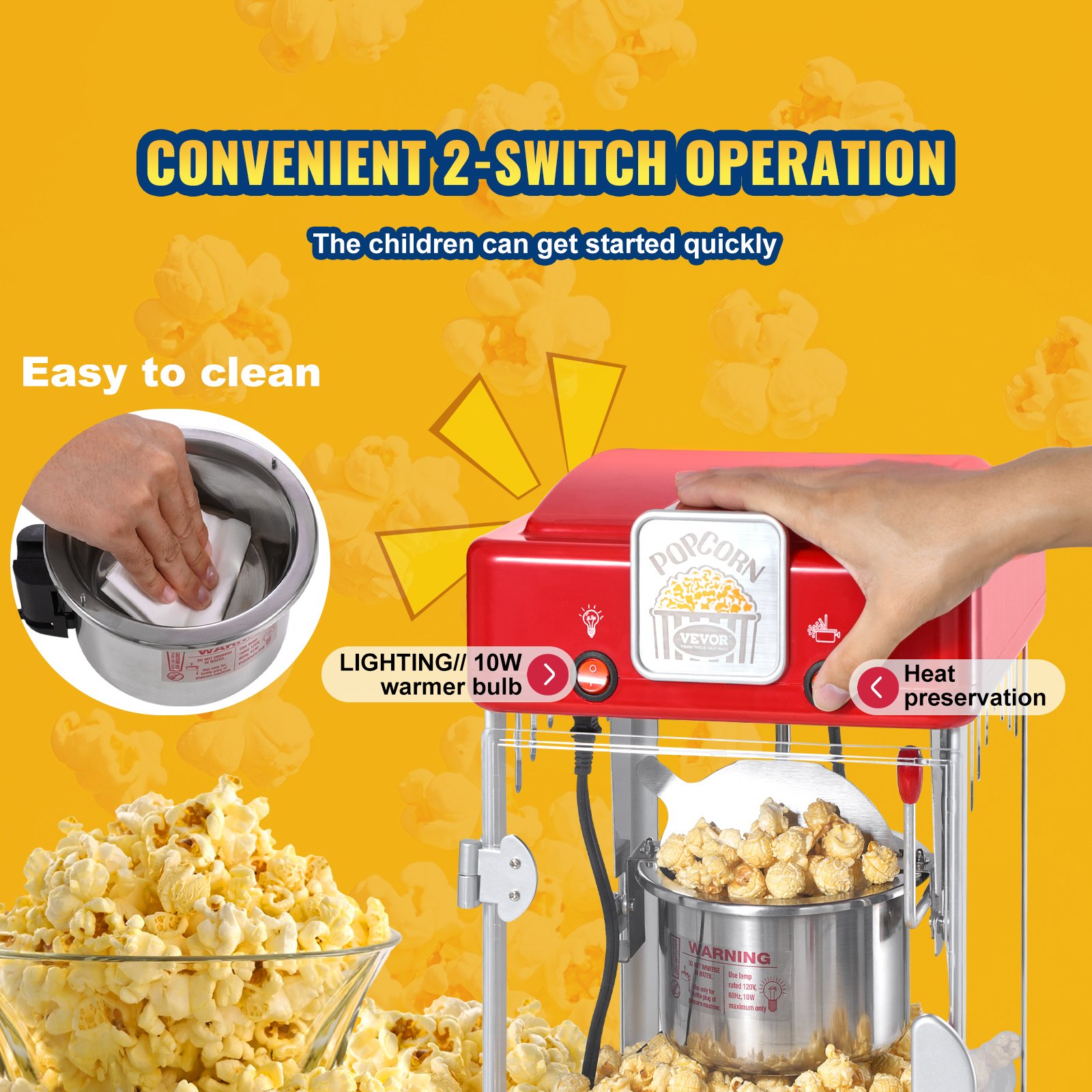 Popcornmaschine – 300 W, 70-ml-Wasserkessel für 4 Liter Popcorn pro Portion, Tischgerät mit PP-Tür, inklusive 2 Spateln und Tablett, Kino-Design, Rot_voghion.com