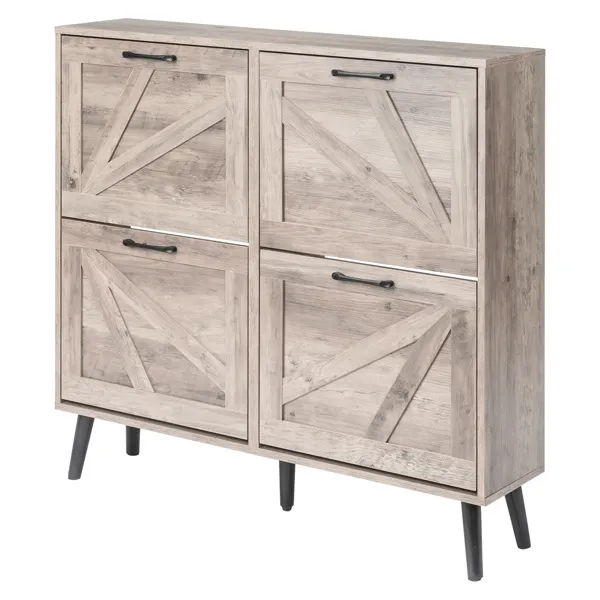 Barn Door With 4 Flip-down Drawers, Black Metal Single-sided Handle + Melamine Particleboard + Black Solid Wood Plastic-sealed Tapered Legs; Shoe Cabinet, 106*24*98cm, Washed Grey Finish 3