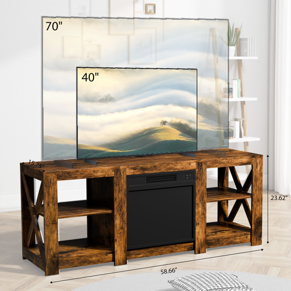 58 Inch Rot Wood Color Double-Sided Cross Fireplace Cabinet With 18 Inch Fireplace Core, 149 * 40 * 60cm… image 3