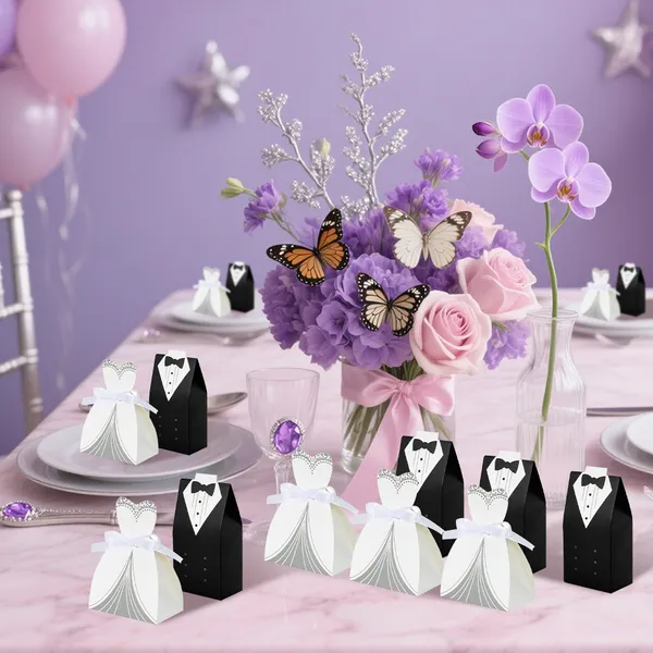 100 Pcs Wedding Favor Boxes With Ribbon Dress Tuxedo Candy Chocolate Gift Box Paper Candy Favor Box Bridal Shower Table Decorations 4