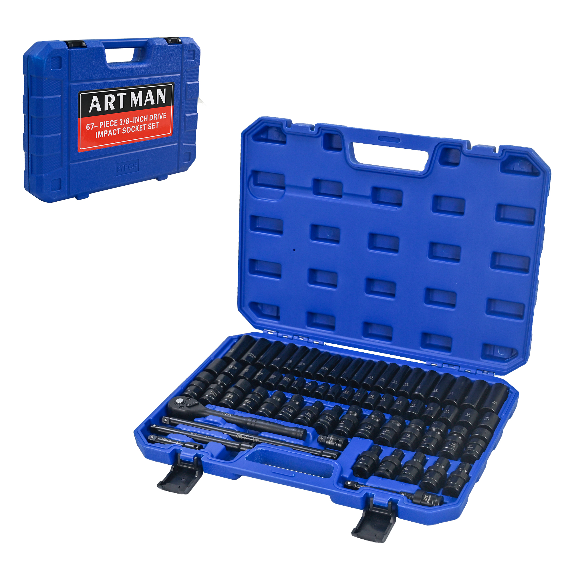 Air Tool And Accessories Kit, 67 Pieces, Long And Short Sets, Universal Short Sets, Extension Rods, Pneumatic Universal Connectors, Ratchet Wrenches, Quick Couplings-Black,Blue - Image 1