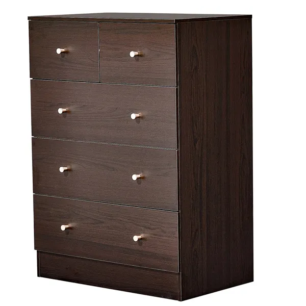 Brown Particleboard With Melamine Laminate Finish, 66*40*91cm, 3+2 Drawers, Chest Of Drawers With Matte Gold Handles