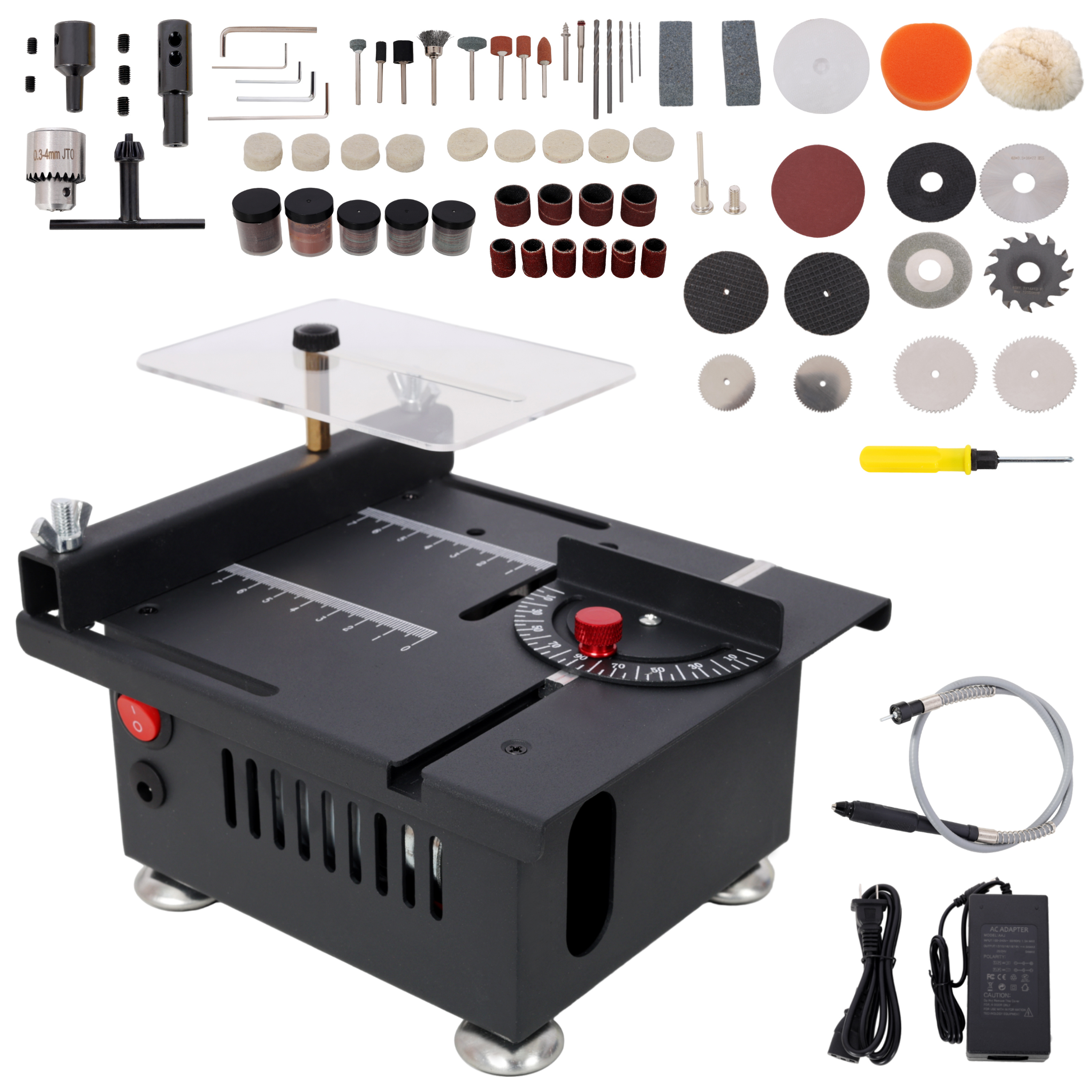 100W Multi-Functional Table Saw Mini Desktop Electric Saw Cutter Speed & Angle Adjustable 16MM Cutting Depth With Blade Flexible Shaft And More Accessories For Wood Plastic Acrylic Cutting 6