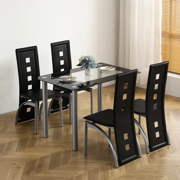 [Same Code: D0102H26NXU] 5 Pieces Dining Table Set For 4, Kitchen Room Tempered Glass Dining Table, 4 Chairs, Black, Table Legs Are Silvery