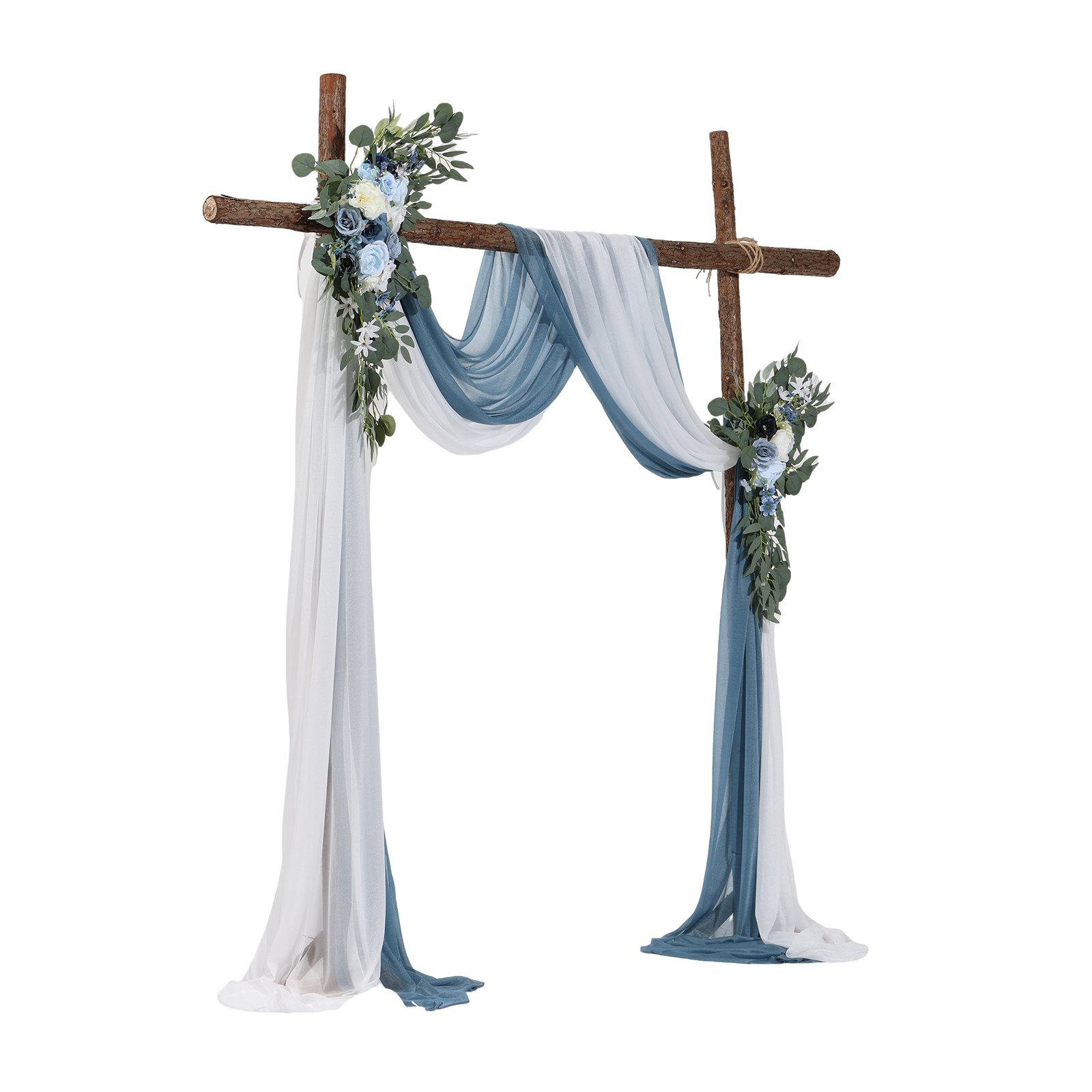 Kunstblumen-Set für Hochzeitsbögen – Blaue Blumenarrangements mit Vorhängen (4-teiliges Set) – 2 Blumenarrangements, 2 transparente Vorhänge_voghion.com