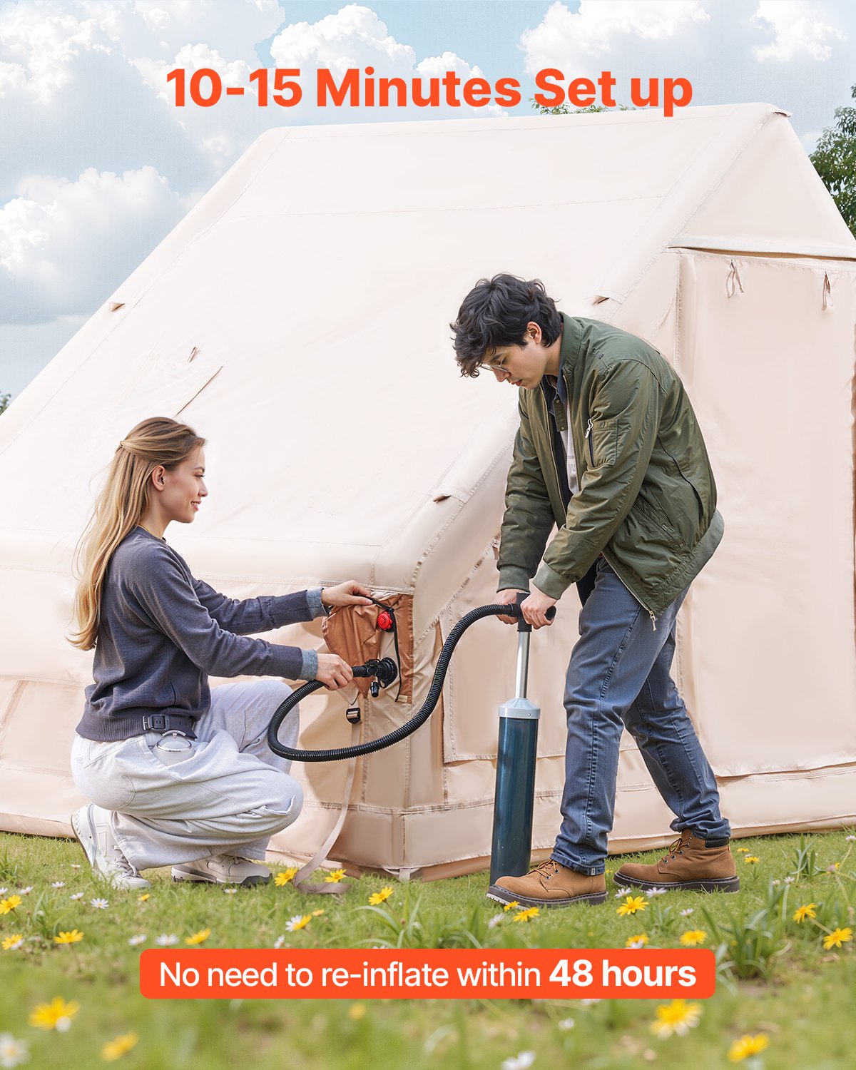 Aufblasbare Zelte Für Camping 3x2x2 M, 3–5 Personen, 300D Oxford 4-Jahreszeiten-Glamping-Zelt Mit Baldachin, Handpumpe, Ofenanschluss, 2 Türen & 2 Netzfenstern (Aufbewahrungstasche Inkl.)