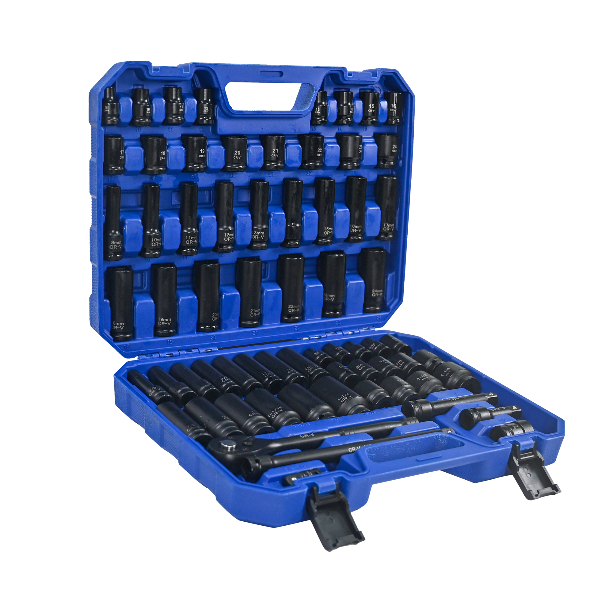 Air Tool And Accessories Kit, 66 Pieces, Long And Short Sets, Universal Short Sets, Extension Rods, Universal Connectors, Ratchet Wrenches, -Black,Blue