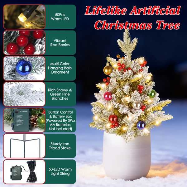 50 LED Lifelike Artificial Christmas Tree - 8 Lighting Modes, Auto 6H/18H Timer & IP44 Waterproof, Battery Operated Mini Tree With Red Berries For Holiday Home Porch Garden Decor 5
