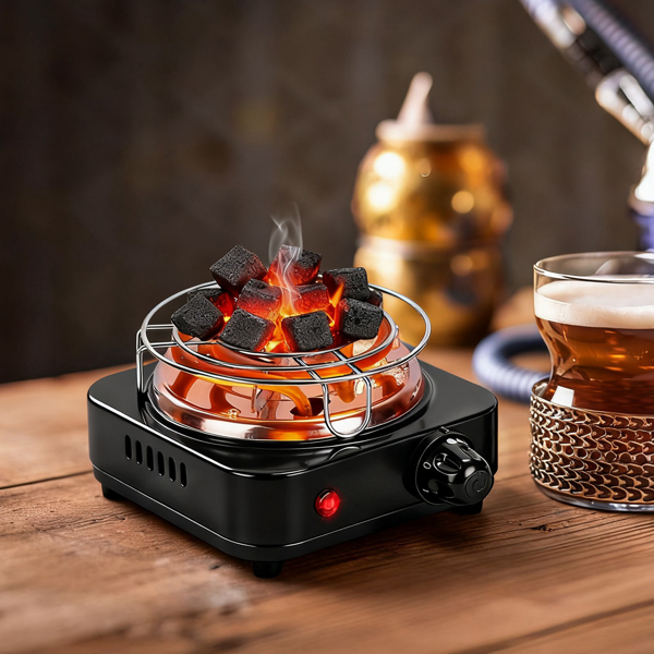 Electric Charcoal Burner For Hookah - 500W Fast Heating, 5 Temperature Gears, Thermostat Safety & Stainless Steel Coil, Bonus Accessories For Outdoor/Indoor Use