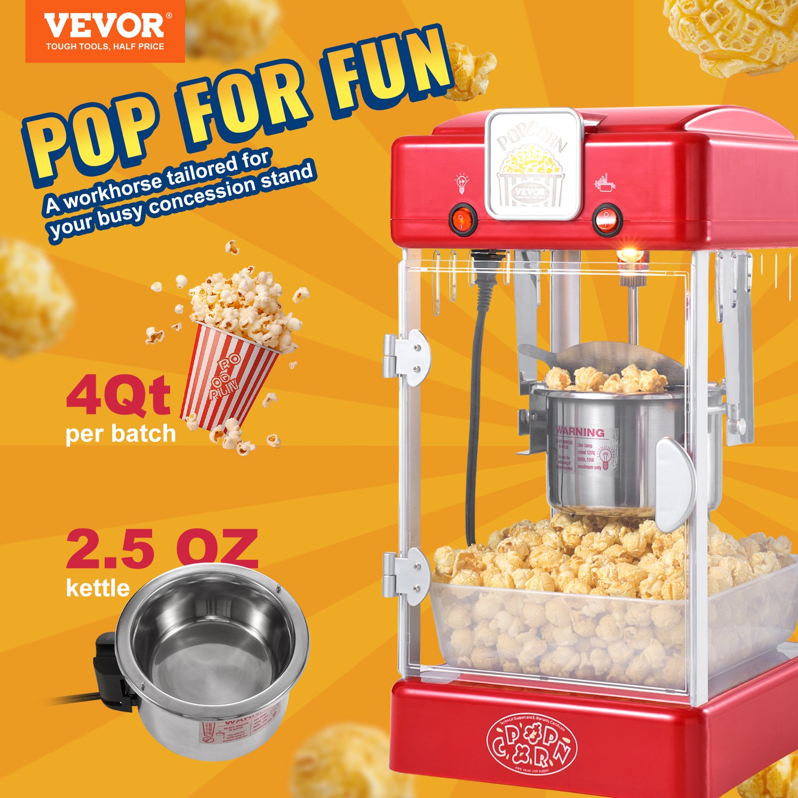 Popcornmaschine – 300 W, 70-ml-Wasserkessel für 4 Liter Popcorn pro Portion, Tischgerät mit PP-Tür, inklusive 2 Spateln und Tablett, Kino-Design, Rot_voghion.com