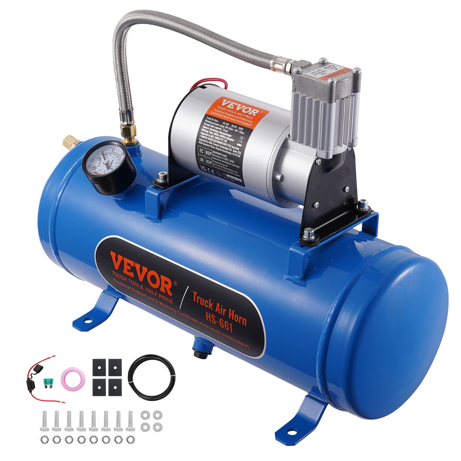 VEVOR 12V Luftkompressor mit 6-Liter-Tank, Luftkompressor-Set mit Luftsignalhorn, 90–120 Psi Betriebsdruck, integriertes Luftkompressorsystem_voghion.com