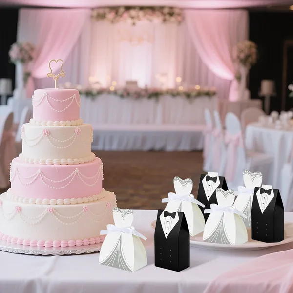 100 Pcs Wedding Favor Boxes With Ribbon Dress Tuxedo Candy Chocolate Gift Box Paper Candy Favor Box Bridal Shower Table Decorations 5