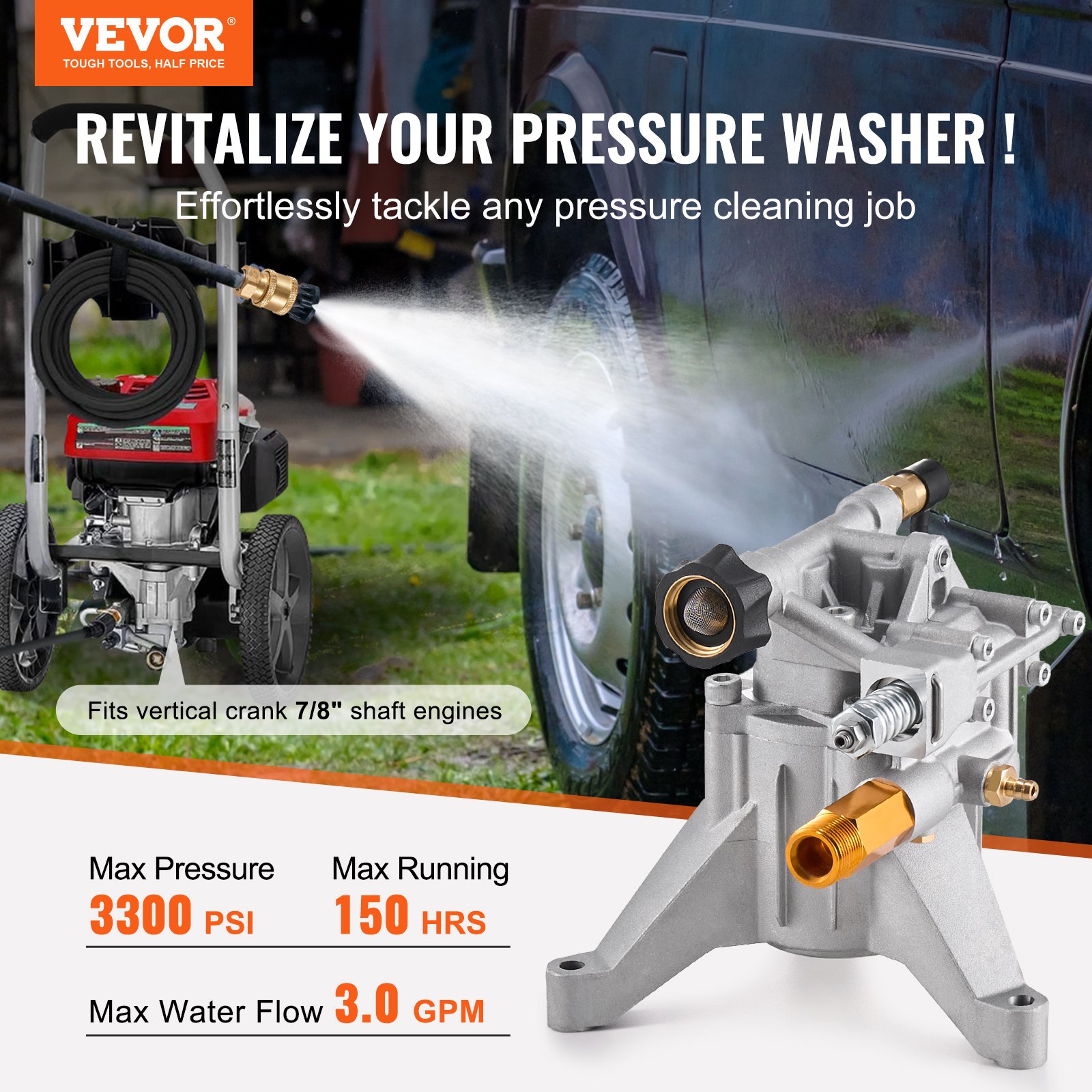 Hochdruckreinigerpumpe, 7/8 Zoll Welle Vertikal, 3300 PSI, 3,0 GPM, Ersatz-Hochdruckreinigerpumpen-Set Mit 5 Düsen, Hardware Und Siphonrohr, Bis Zu 150 Stunden, Hochdruckreiniger Ersatzpumpe